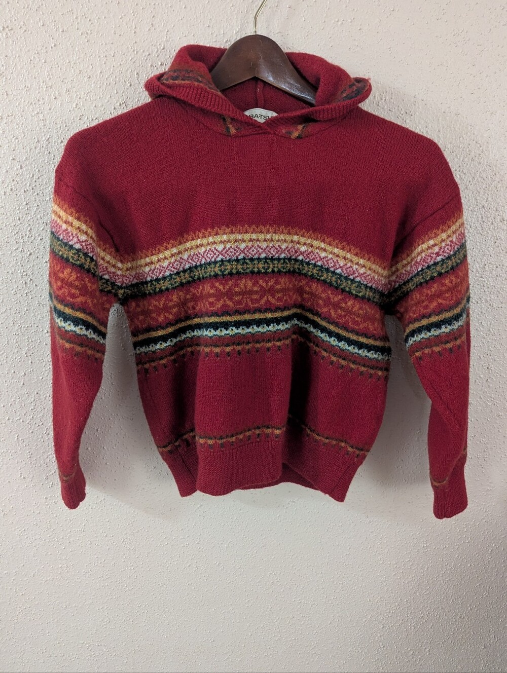 Women's Vintage Japanese BA-TSU CLUB Red Fair Isle Wool Pullover Hoodie Small
